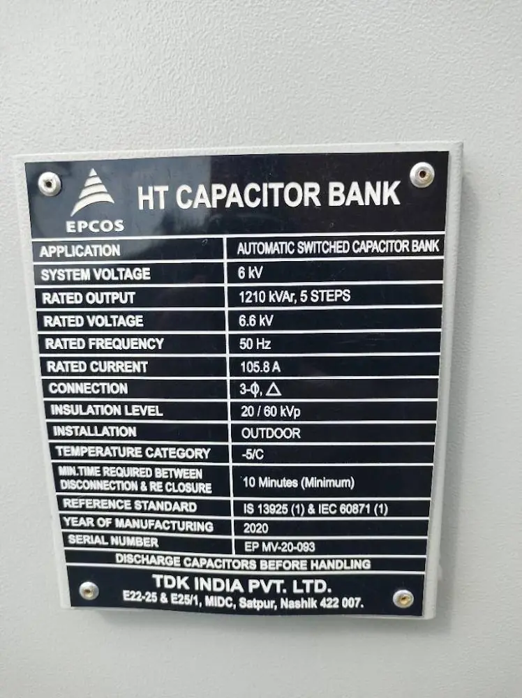 Natpisna pločica EPCOS HT capacitor bank 1210 kVAr, 6 kV, 5 stepeni